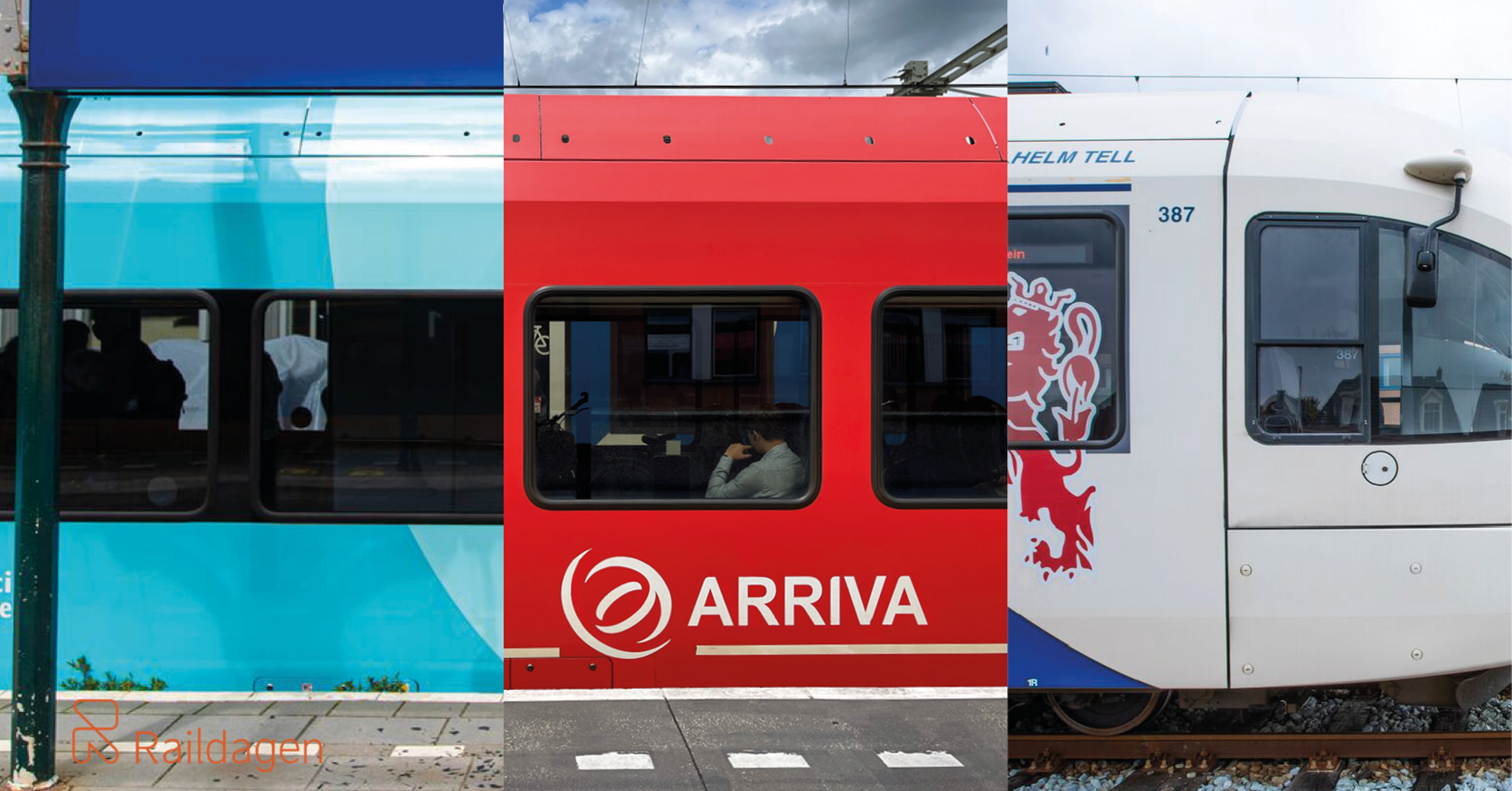 College van drie typen Arriva-treinen: links een groene trein, die in het midden overgaat in een rode trein en rechts in een blauwwitte trein.
