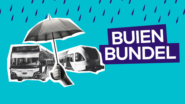 Een collage van een bus en trein van Arriva waarboven een hand een paraplu houdt tegen getekende regendruppels. Ernaast staat 'Buienbundel'.
