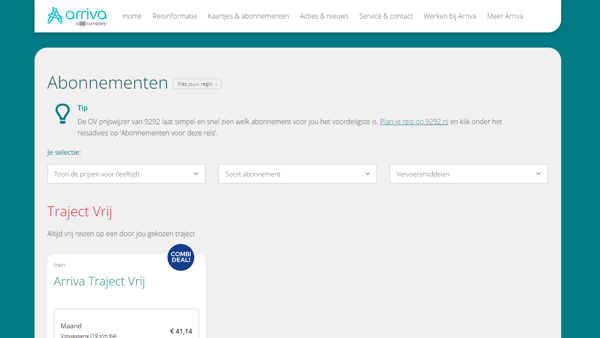 Screenshot van de Arriva Abonnememtenshop waar je abonnementen voor het vervoer bij Arriva kunt afsluiten.