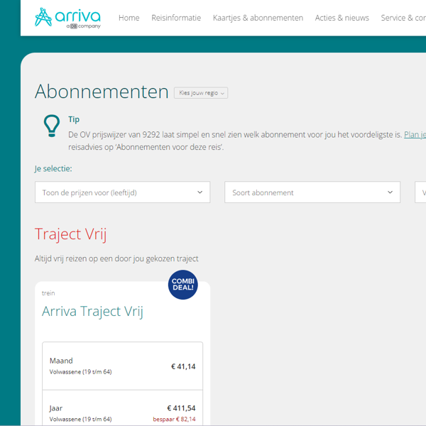 Screenshot van de Arriva Abonnememtenshop waar je abonnementen voor het vervoer bij Arriva kunt afsluiten.