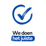 Blauw pictogram met een vinkje: en de tekst We doen het juiste Blauw pictogram met een vinkje: en de tekst We doen het juiste