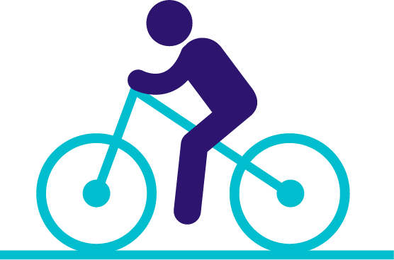 Een icoon van een fietser op een blauwe fiets.