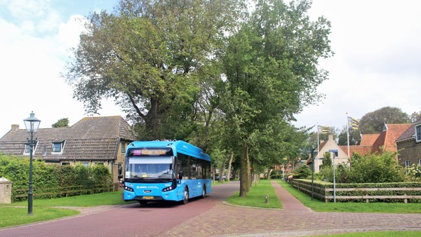 Blauwe bus Arriva rijdt in dorpje op Ameland onder groene bomen door.