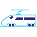 Een icoon van een blauwe elektrische trein op het spoor.