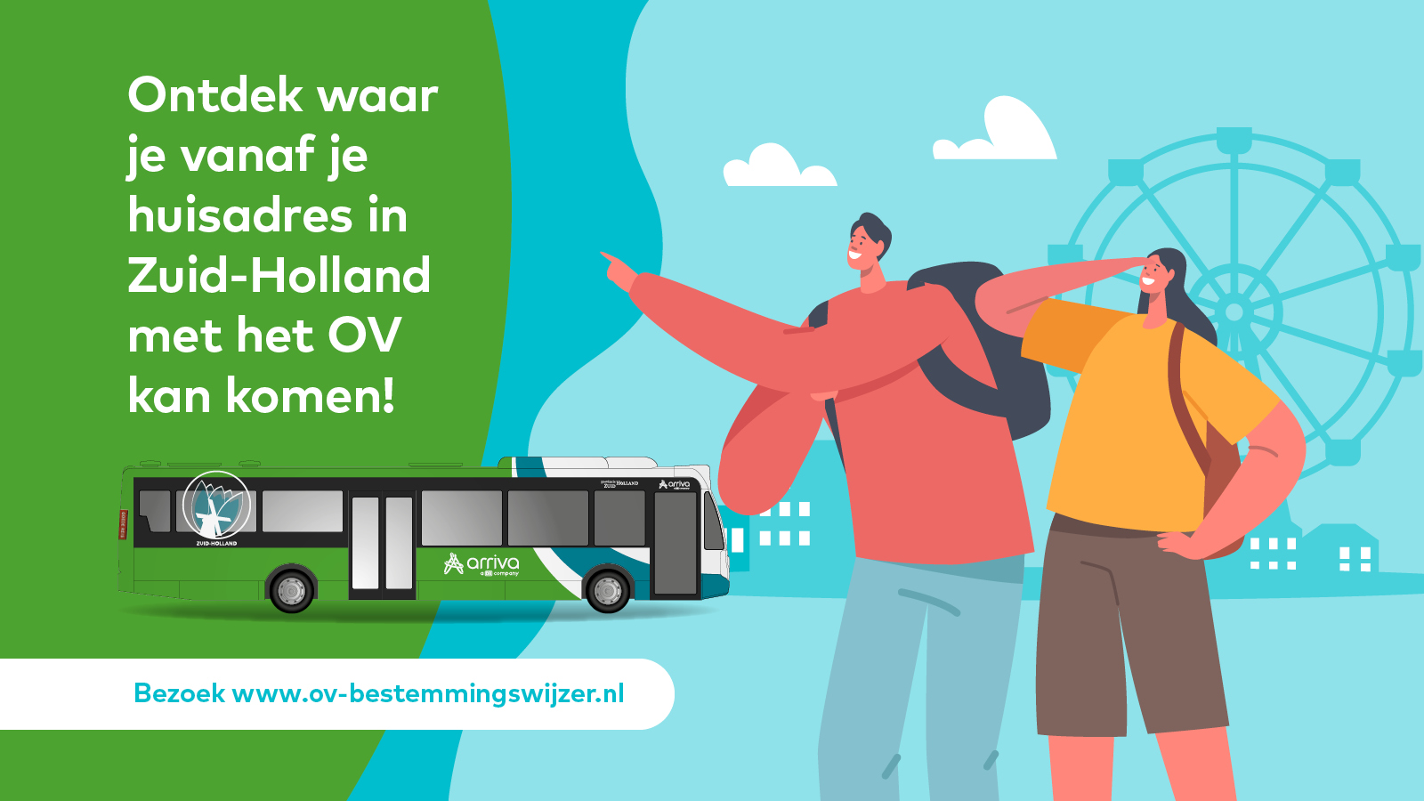 Reclame voor www.ov-bestemmingswijzer.nl daarmee ontdek je waar je vanaf je adres in Zuid-Holland met het OV kunt komen.