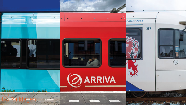 College van drie typen Arriva-treinen: links een groene trein, die in het midden overgaat in een rode trein en rechts in een blauwwitte trein.