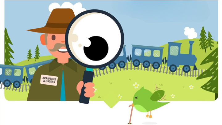 Tekening van een man met hoed die door een vergrootglas kijkt met een stoomtrein op de achtergrond. Tekening van een man met hoed die door een vergrootglas kijkt met een stoomtrein op de achtergrond.