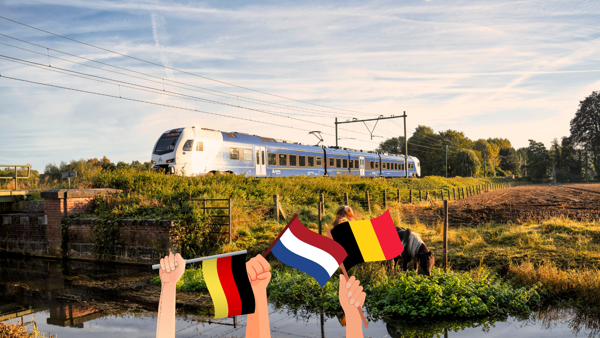 Drie getekende Duitse, Nederlandse en Belgische vlaggen voor een foto van een blauwwitte Arriva-trein. Drie getekende Duitse, Nederlandse en Belgische vlaggen voor een foto van een blauwwitte Arriva-trein.